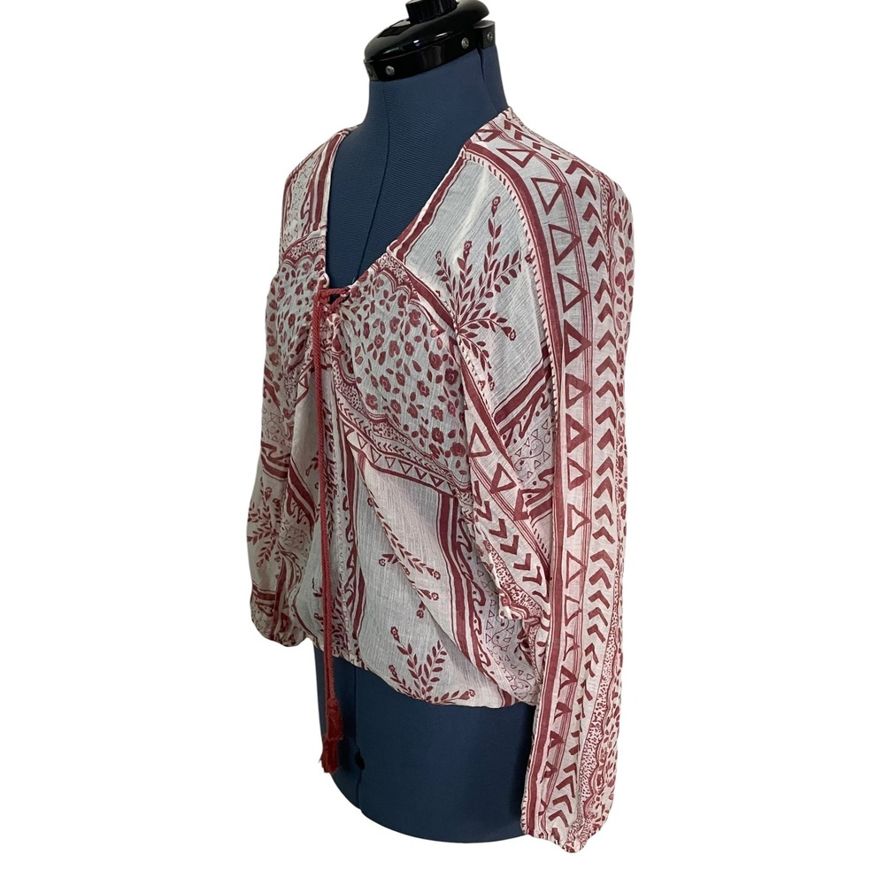 Free People Yo Yo Geo Peasant Blouse Red Cream Paisley Lace Up Tassel Boho M - Picture 13 of 16